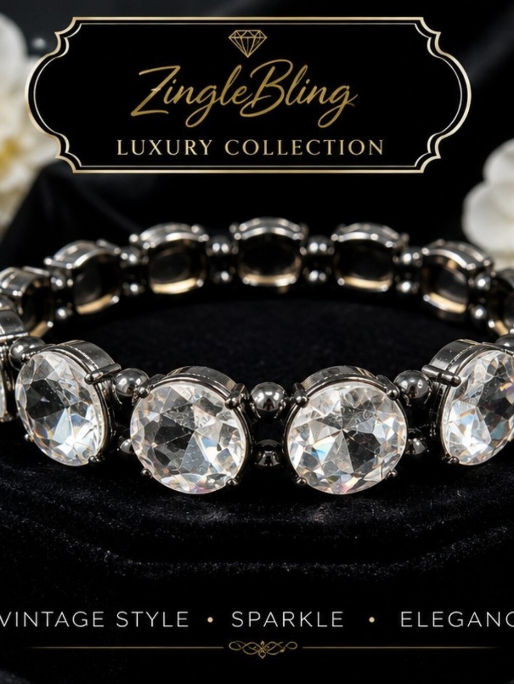Statement Clear Glass Rhinestone Stretch Bracelet Gunmetal Sparkle